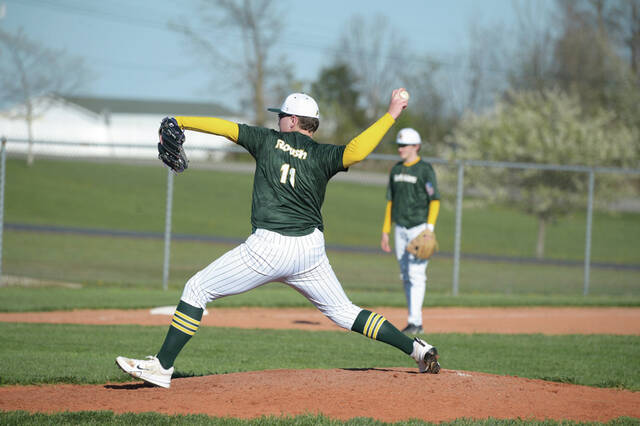 Shown here on the mound, North Adams senior Cooper Roush made it into the OHSAA record books in somewhat dubious fashion last week. In an April 7 win over Ripley, Roush was hit by a pitch four time, placing him tied for second in the state record book. (Photo by Tim Daulton)