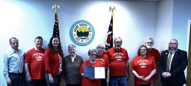 Members of Adams County for Christian Values join the Adams County Commissioners after the board proclaimed Thursday, May 7, 2026, as the National Day of Prayer in Adams County. (Photo by Ryan Applegate)