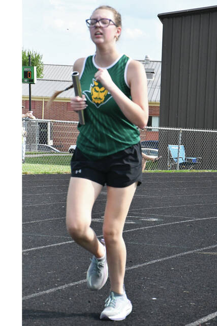 North Adams Alyssa McAdams competes in her leg of the Girls 4 x 800 Relay at last weeks West Union Invitational. (Photo by Mark Carpenter)