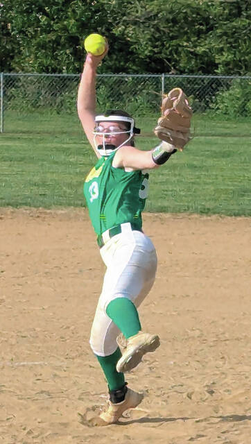 West Unions Addison Mashburn delivers a pitch to the plate during the Lady Dragons 17-12 win over Ripley on April 15. (Photo by Mark Carpenter)