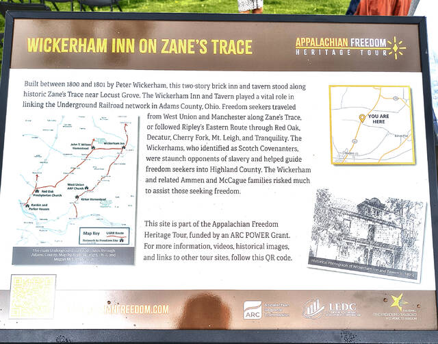 A marker at the Wickerham Inn outlines the sites connection to Underground Railroad routes through Adams County as part of the Appalachian Freedom Heritage Tour. (Photo by Ryan Applegate)