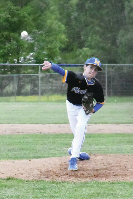 In his first varsity start, Manchester freshman Bentley Colvin was up to the task, tossing five innings of one-hit baseball, striking out 10 and getting the win as the Greyhounds rolled 19-0. (Photo by Mark Carpenter)