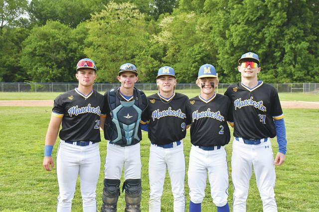 The 2026 Manchester baseball seniors were honored before last weeks game with Ripley. From left, Luke Applegate, Landen Doyle, Parker Hayslip, Traevyn Hilderbrand and Braylon Rickett. (Photo by Mark Carpenter)
