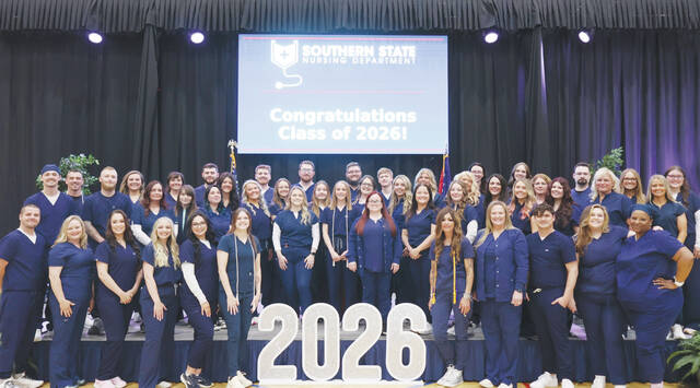The newest graduates of the Associate Degree Nursing program at Southern State Community College are front row, left to right: Garrett Irvin, Melanie Wuebben, Samantha Allen, Kaitlin Clark, Pheonix Elliott, Courtney Saunders, Amberlyn Brethauer, Jennifer Lawless, Richard Miller, Sumera Roberts, and Tara Brewer. Second row, left to right: Dakota Gasaway, Dakota Luther, Ashley Cunningham, Jessica Baker, Brittany Myers, Kiley Hewitt, Emmalee Rockey, Molly McCreary, Stephanie Kuhlman, Kaitlyn Chaney, Danielle Wright, Jenna Jett, Miranda Allen, Laura Napier, and Paige Kelley. Third row, left to right: Preston Dunn, Savannah Swader, Tabetha Moore, Hayleigh Worley, Mia Snyder, Alexandra Moore, Marianne Price, Taylor Neal, Rachelle Clark, Kabree Tong, Jennifer Mardis, Jared Willison, Alexis Kier, and Katie Wagoner. Fourth row, left to right: John Daunt, Chayce Watson, Jacob Madden, Elijah George, Brogen Priest, Jessica Sowards, Kathryn Fitzpatrick, and Hailey Fannin. Not pictured: Natalie Clark.