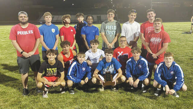 The Peebles boys team, coached by Stone Crothers, placed second overall in this years SHAC Track Meet. Front row, from left, Grady Myers, Bryce Hawkins, Cooper Meade, Axlzander Cohorn-Hayes, Colyn Sims, Calen Vogler, Cole Elliott, Ethan Chamblin; Back row, from left, Coach Stone Crothers, Damian McCann, Holden Crum, Lucas Krieger, Princeton Watts, Uriah Adkins, Gerald Mills, Wyatt Smart and Wyatt Stepp. (Photo courtesy of the Southern Hills Athletic Conference)
