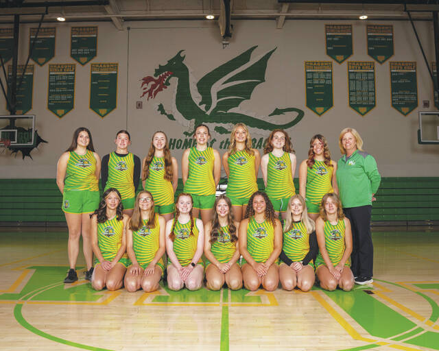 Placing second overall in the 2026 SHAC Track Meet were the West Union Lady Dragons, coached by Meg McCarty. Front row, from left, Madison Stout, Ella Shupert, Lydia Armstrong, Violet Randolph, Madison White, Makayla Nickerson and Mariah Gadd; Back row, from left, Kaylee Vogler, Emma Crawford, Stella Rhonemus, Shelbi Weakley, Jocelyn Hall, Tabitha Armstrong, Taylor Henderson and Coach Megan McCarty. (Photo courtesy of the Southern Hills Athletic Conference)