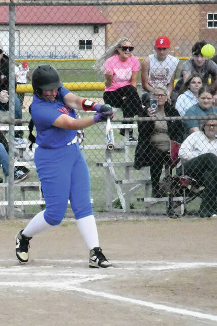 Peebles freshman third baseman Riley Byers blasted her first home run of the season in the Lady Indians 7-2 SHAC clinching win over Fayetteville 0n May 13. (Photo by Mark Carpenter)
