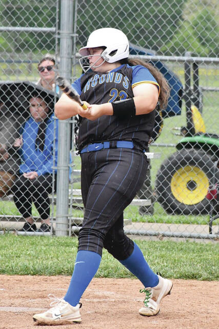 Manchester senior Mahayla Brown banged out three hits in the Lady Hounds district quarterfinal win over Paint Valley on May 12. (Photo by Mark Carpenter)