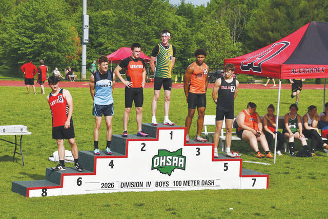 North Adams Beau Hesler stands in a spot quite familiar to hi, the #1 spot on the podium. At last weeks Division IV District Track Meet, Hesler won three individual titles and was a member of a championship relay team.(Photo by Danielle Jodrey)