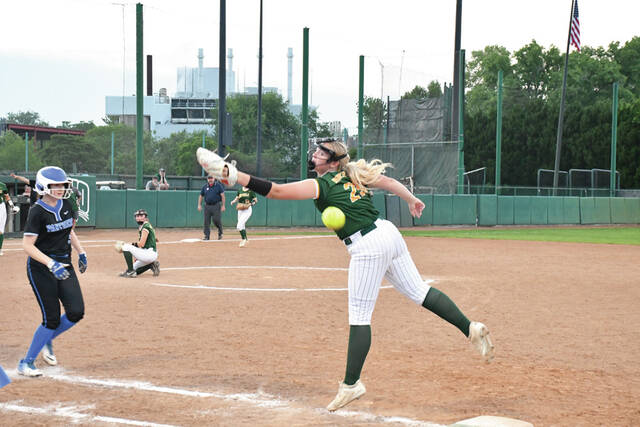 North Adams first baseman Marley Whalen lunges for an errant throw in action from the Lady Devils. May 19 district semifinal loss to Southeastern. (Photo by Mark Carpenter)