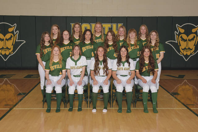 With a 12-1 confrence record, the North Adams Lady Devils are the 2026 champions of the big school division of the Southern Hills Athletic Conference for the first time in school history. Front row, from left, Haylee Arthur, Ahlyesa Taylor, Carlee Garrison, Paige Evans and Marnie Tolle; Middle row, from left, Ashlyn Fields, Raelynn Johnson, Riley Woods, Ashlynn Bolton, Brooklyn Hancock and Gracie Williams; Back row, from left, Tailor Lloyd, Melanie Wood, Marley Whalen, Chloe Armstrong and Lilly Parker. <span data-olk-copy-source="MessageBody">Absent from picture were Coach Paula Armstrong and assistant coaches Andy Garrison and Kathy Tolle. (Photo courtesy of the Southern Hills Athletic Conference)</span>