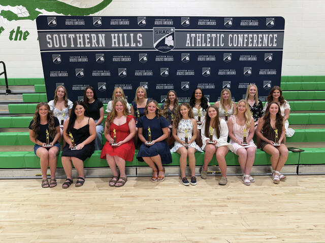 Here is your 2026 Southern Hills Athletic Conference All-Conference Softball Team. Front row, from left, Elliana Applegate, Manchester; Addison Arey, Eastern Brown; Chloe Armstrong, North Adams; Noel Barnhill, Lynchburg-Clay; Lilly Carlier, Fayetteville; Chloe Cox, Fayetteville; Kelsie Crowder, Fairfield; and Carlee Garrison, North Adams; Back row, from left, Sadie Kuipers, Lynchburg-Clay; Bristynn McClanahan, Manchester; Kaelyn Musser, Peebles; Kendall Myers, Peebles; Rilee Quickle, Fairfield; Emmery Simpson, Eastern Brown; Maddison Simpson, Eastern Brown; Emily Stapleton, West Union; and Marnie Tolle, North Adams. (Photo courtesy of the Southern Hills Athletic Conference)