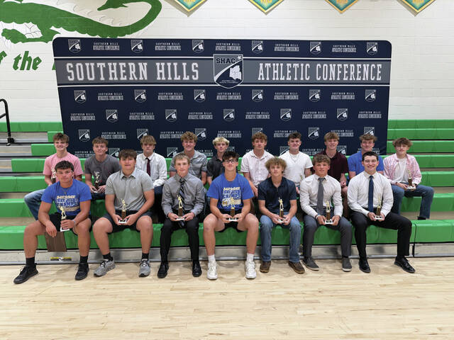 The 2026 Southern Hills Athletic Conference All-Conference Baseball Team. Front row, from left, Luke Applegate, Manchester; Kristian Beachy, Lynchburg-Clay; Izayah Clift, Whiteoak; Clayton Colvin, Manchester; Trace Evans, North Adams; Abraham Flader, Whiteoak; and Nash Grooms, Peebles: Back row, from left, Bo Johnson, Peebles; Will Litzinger, Eastern Brown; Ben Miller, Fairfield; Tanner Roberts, Lynchburg-Clay; Aric Slack, Lynchburg-Clay; Braylen Stephens, Peebles; Colin Tolle, North Adams; Quin Wells, Lynchburg-Clay; Alex Williamson, Fayetteville; and Maverick Winkler, North Adams. (Photo courtesy of the Southern Hills Athletic Conference)