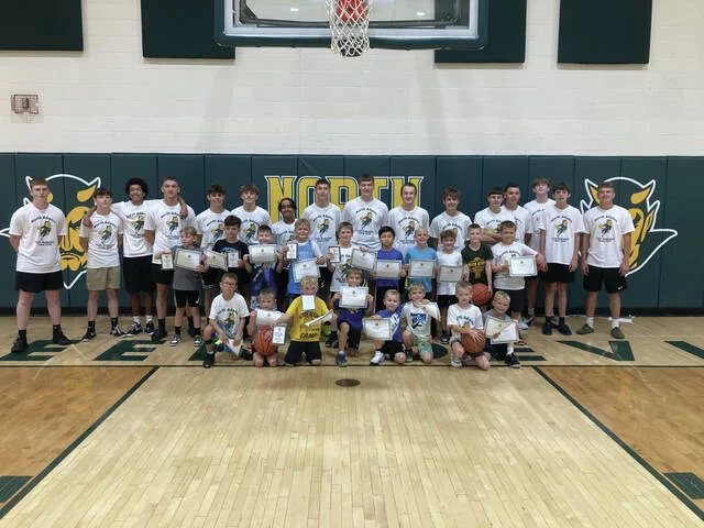 Pictured above are the campers in 2nd-4th grades who made up the morning session of the 2026 North Adams Boys Basketball Camp. (Photo provided)