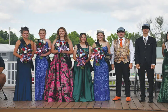 Your 2026 Adams County Fair Royalty. From left, Queen Fourth Runner-Up Reese Davis, Queen Third Runner-Up Madee Koenig, Queen Second Runner-Up Nina McCann, Queen First Runner-Up Grace DeAtley; 2026 Junior Fair Queen Vivian Grimes, 2026 Junior Fair King Diesel Ferguson and King First Runner-Up Liam Newland. (Photo by Mark Carpenter)