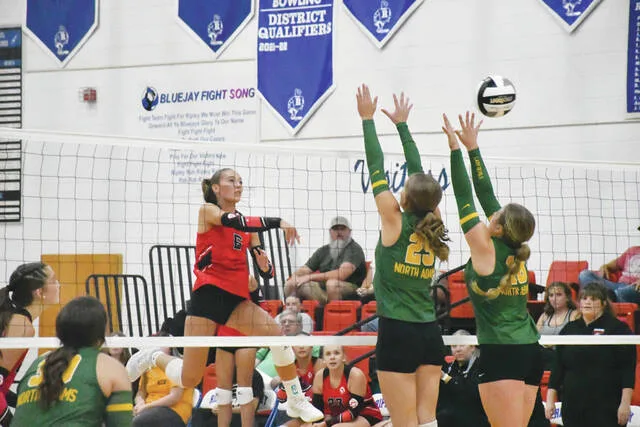 North Adams Melanie Wood and Elizabeth Raines go for the block on the kill attempt by Fairfields Remi Moon in action for the 2026 SHAC Volleyball Preview. (Photo by Mark Carpenter)