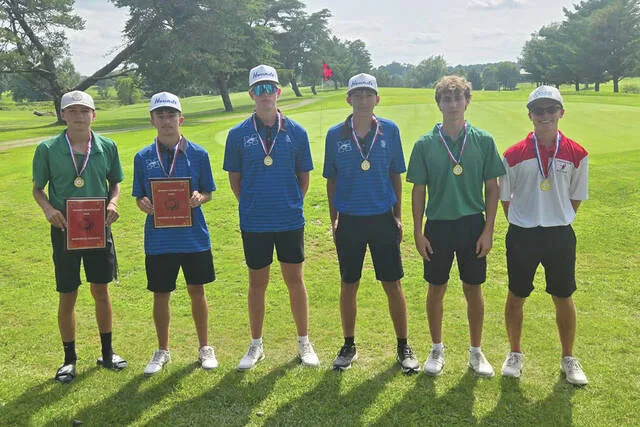 Pictured above are the top six finishers in the Adams County Cup, earning them All-County honors. From left, Landen McIntosh (West Union), Brayden Palmer (Manchester), Bryce Young (Manchester), Luke Rigdon (Manchester), Alex Dillow (West Union) and Calen Vogler (Peebles). (Photo provided)