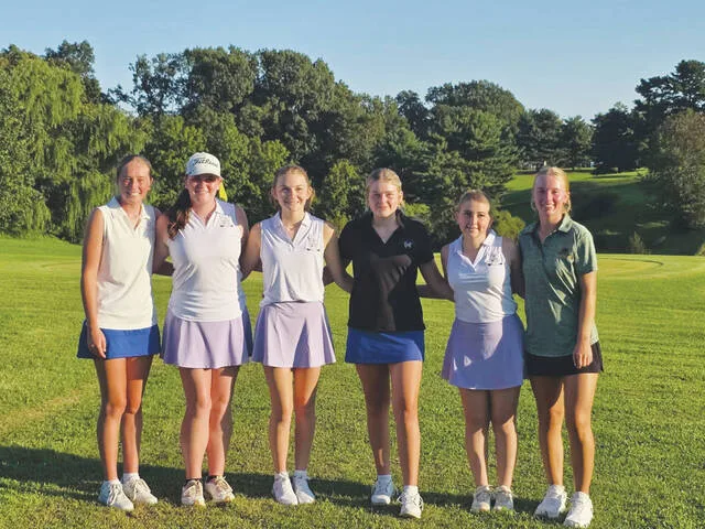 Based on their top six finishes in the Adams County Cup, here is the 2026 Girls All-County team. From left, Alyssa Smalley (Peebles), Geneva DeMint (West Union), Annabelle McIntosh (West Union), Peyton Hayslip (Manchester), Raeghan Rothwell (West Union) and Lilly Parker (North Adams). (Photo provided)