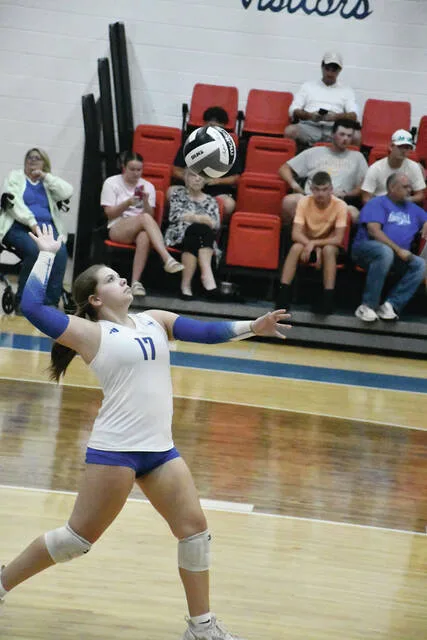 The serving of senior Madison Calvert was one of the keys to the Manchester volleyball victory over Ripley on September 3 in Southern Hills Athletic Conference play. (Photo by Mark Carpenter)