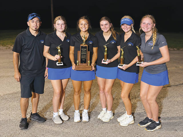 The Manchester Lady Greyhounds are the 2026 SHAC Girls Golf Champions. From left, Coach Chaz Mack, Peyton Hayslip, Joselyn Lucas, Hayden King, Bayleigh Spires and Kenlee Truesdell. (Photo provided by the Southern Hills Athletic Conference)