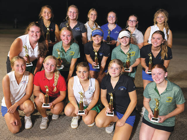here is the 2026 Southern Hills Athletic Conference All-Conference Girls Golf Team, determined by their finish in last weeks SHAC Tournament. Front row, from left, Alyssa Smalley (Peebles), Kelsie Crowder (Fairfield), Raeghan Rothwell (West Union), Peyton Hayslip (Manchester), and Brooklyn Mahan (North Adams); Middle Row, from left, Geneva DeMint (West Union), Lilly Parker (North Adams), Bayleigh Spires (Manchester), Brynlee Willett (North Adams) and Hayden King (Manchester); Back row, from left, Danica Kirk (Eastern Brown), Kenlee Truesdell (Manchester), Carissa DeWitt (Fayetteville), Olivia Smith (Ripley), Willow Smith (Lynchburg) and Kelsey Mack (West Union). (Photo provided by the Southern Hills Athletic Conference)