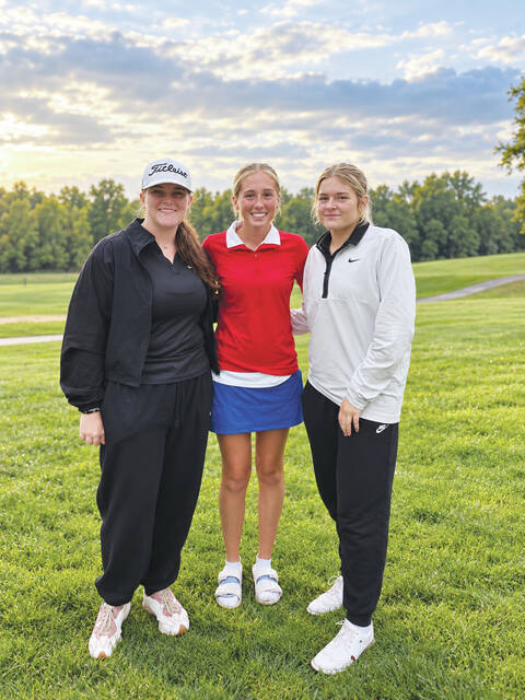 This trio of local girls golfers all qualified for this weeks Division II District Tournament after their 18-hole performances in the September 22 sectional competition. From left, Geneva DeMint-West Union; Alyssa Smalley- Peebles; and Peyton Hayslip- Manchester. (Photo by Chasity Boden Hayslip)